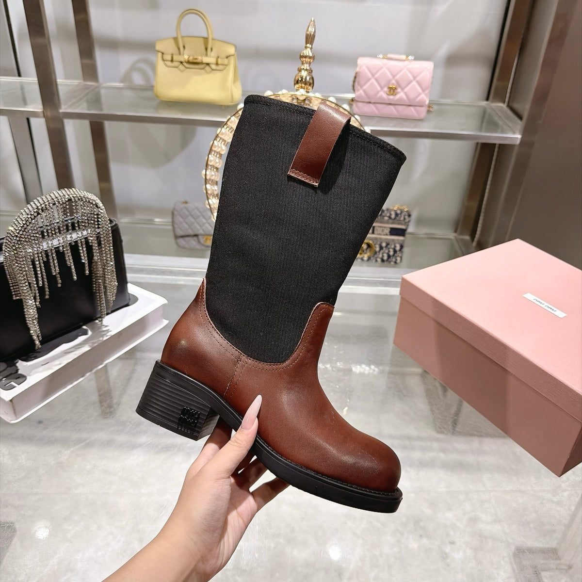 Oak Brown & Black Leather And Drill Mid-Calf Boots - 5