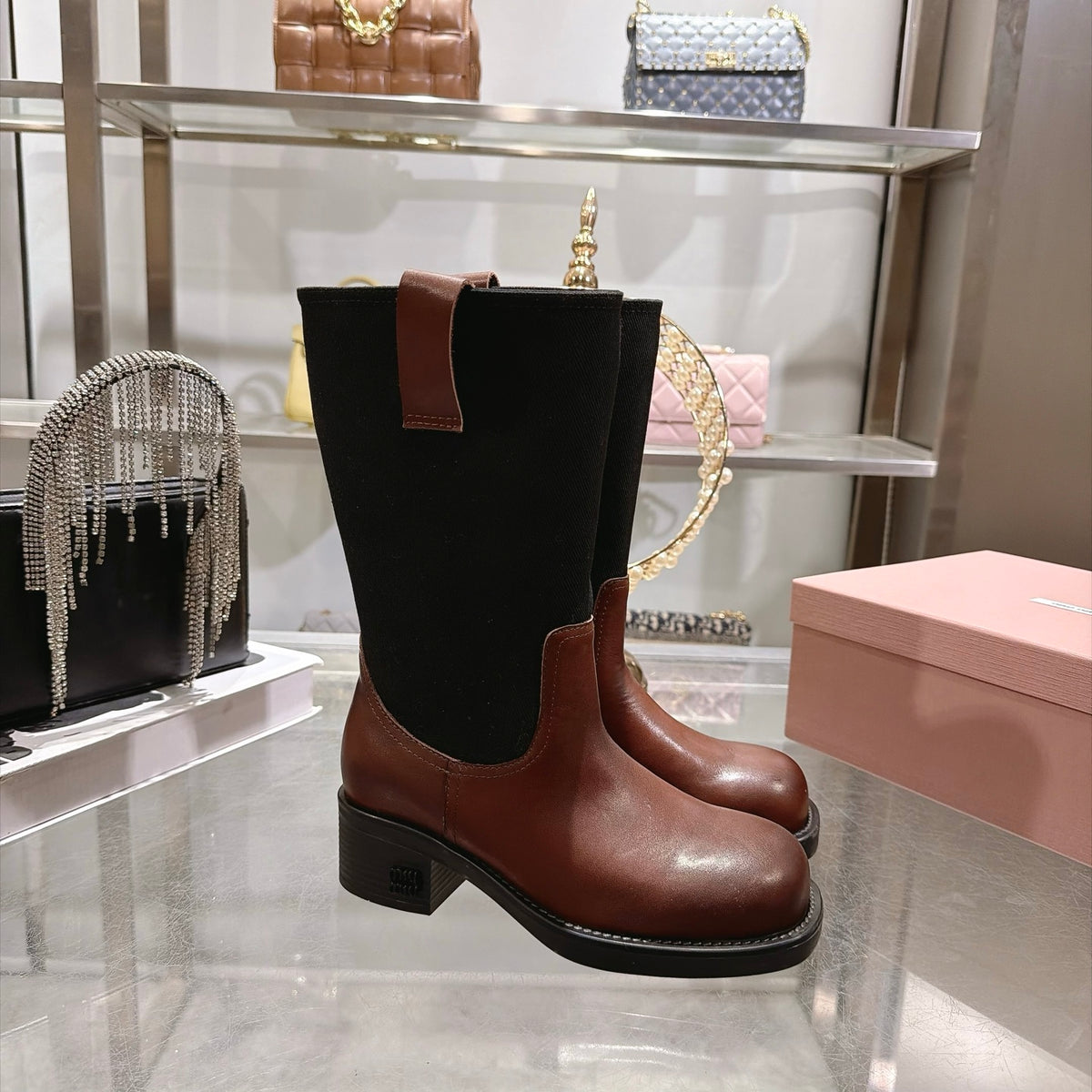 Oak Brown & Black Leather And Drill Mid-Calf Boots - 6
