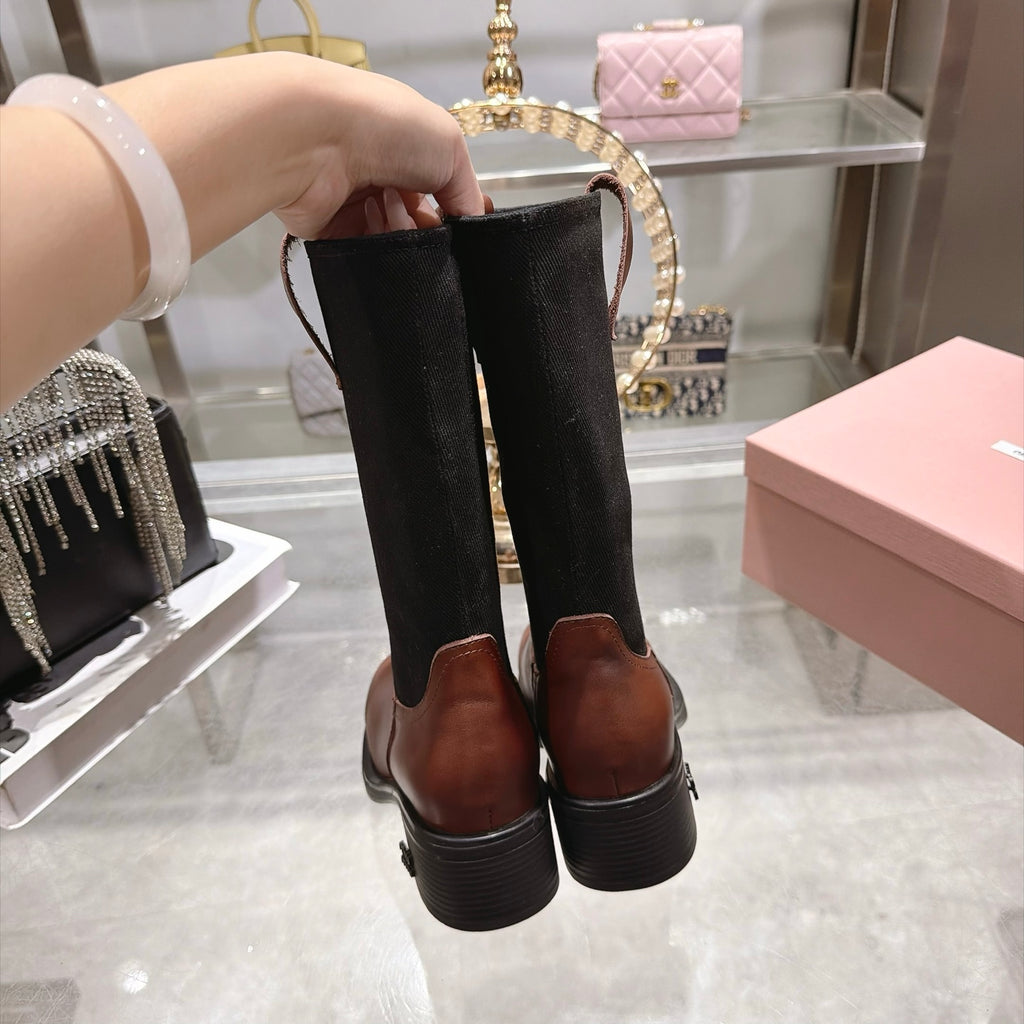 Oak Brown & Black Leather And Drill Mid-Calf Boots - 7