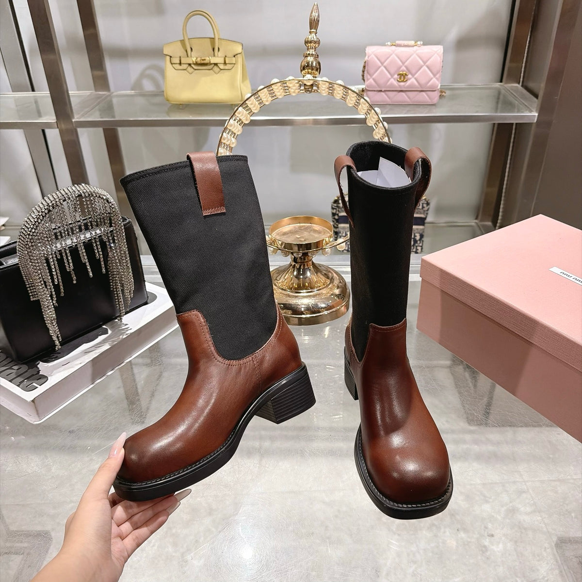 Oak Brown & Black Leather And Drill Mid-Calf Boots - 8