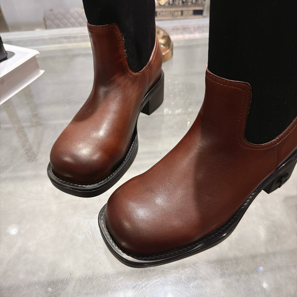 Oak Brown & Black Leather And Drill Mid-Calf Boots - 9