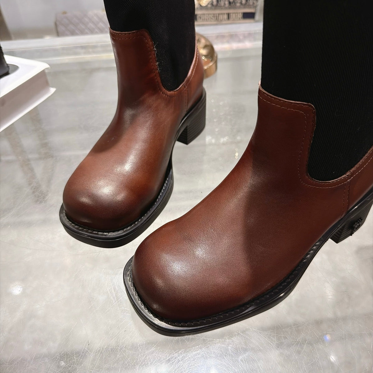 Oak Brown & Black Leather And Drill Mid-Calf Boots - 9