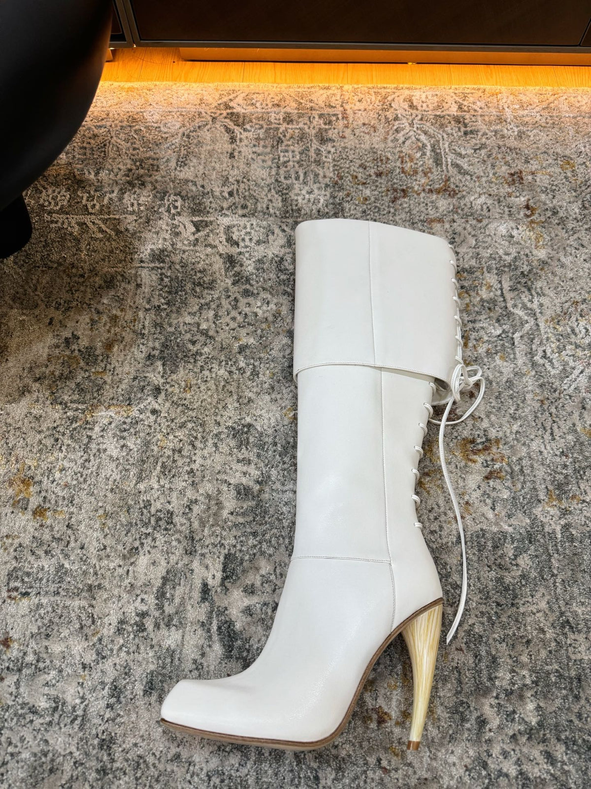 White Horn Heel Knee-High Boot - 04