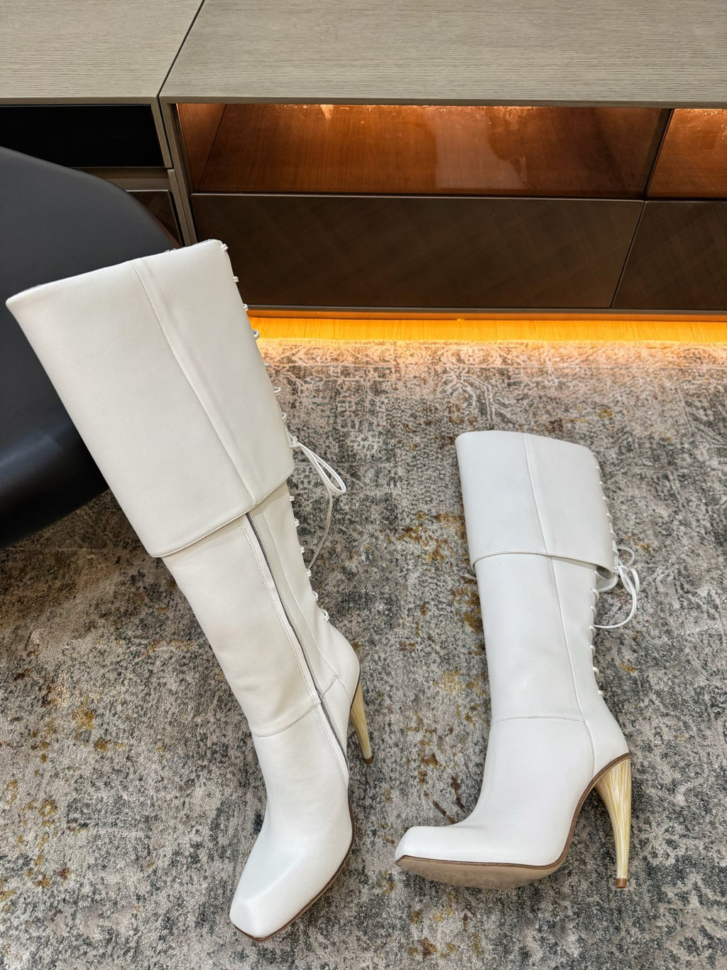 White Horn Heel Knee-High Boot - 06