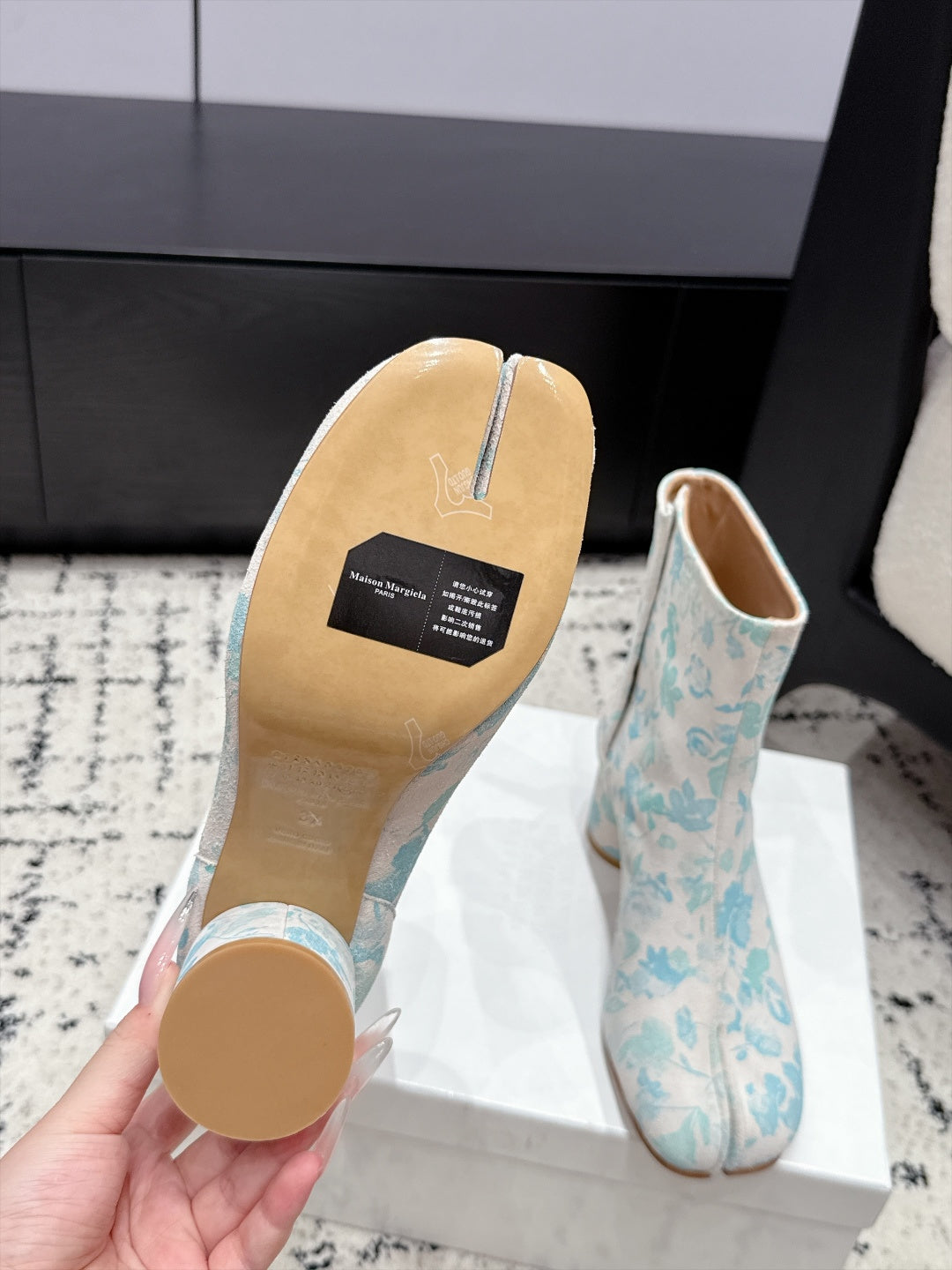 White & Light Blue Tabi Ankle Boots