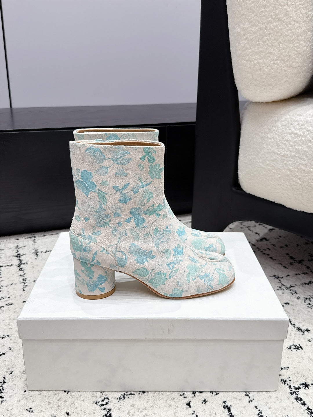 White & Light Blue Tabi Ankle Boots
