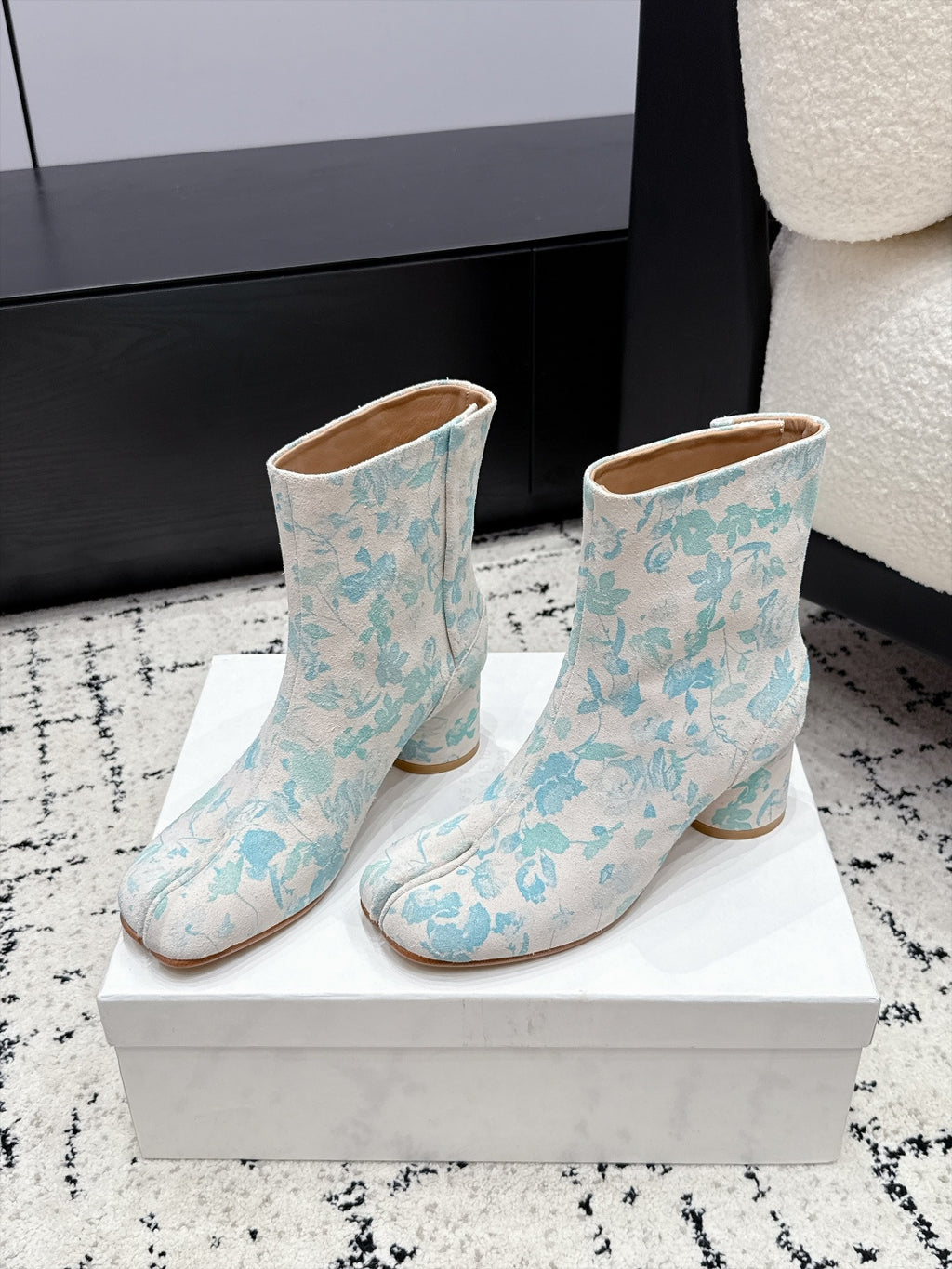 White & Light Blue Tabi Ankle Boots