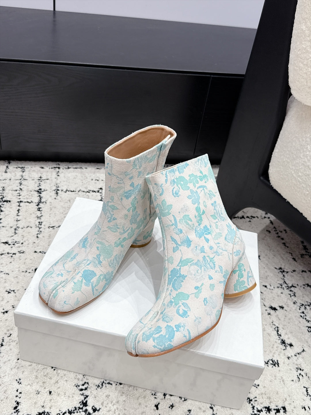 White & Light Blue Tabi Ankle Boots