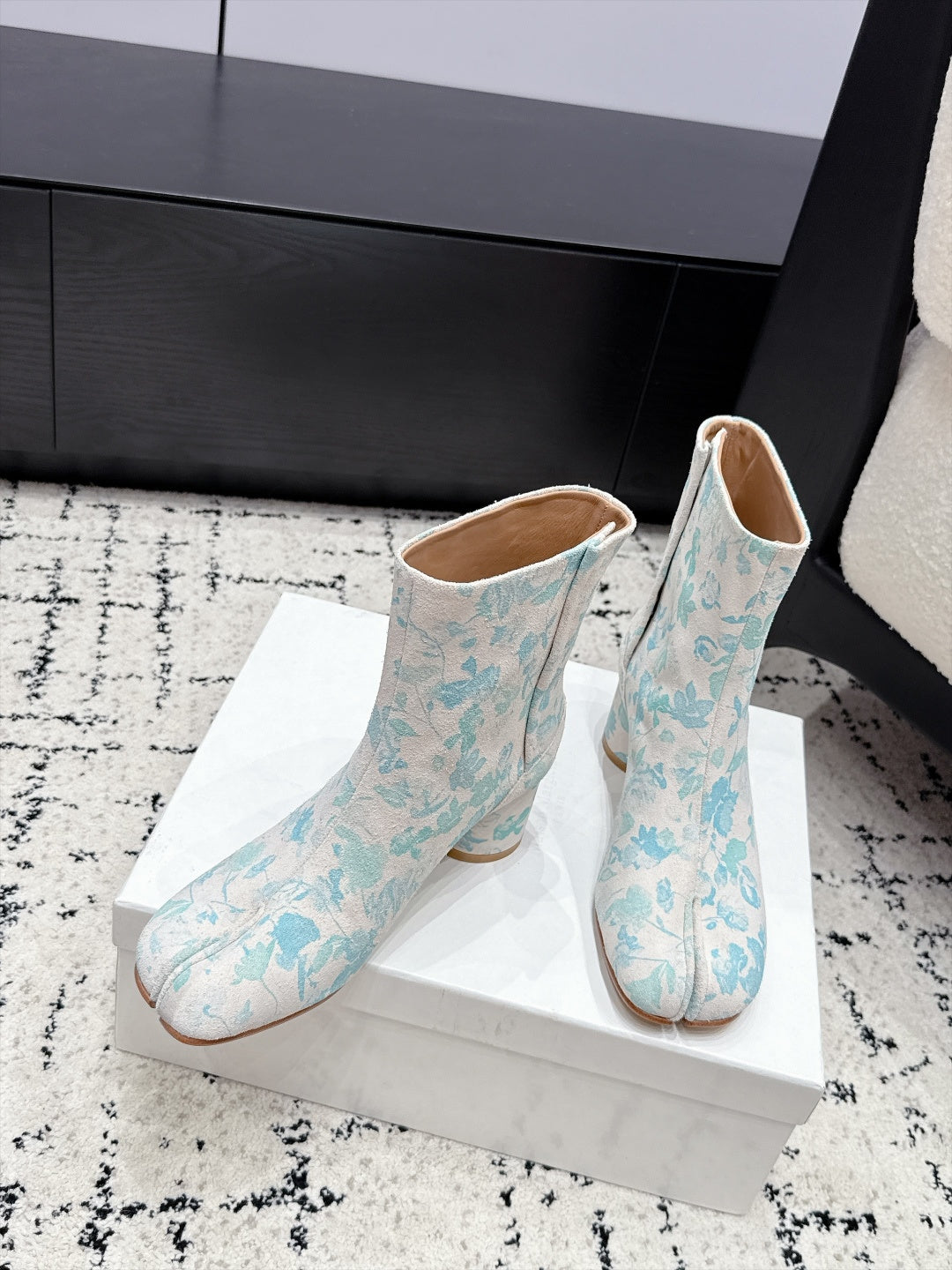 White & Light Blue Tabi Ankle Boots