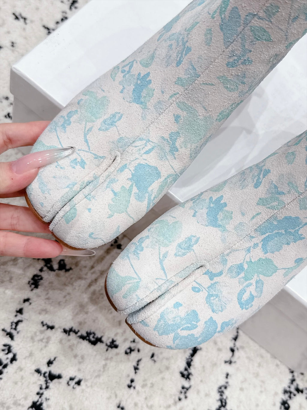 White & Light Blue Tabi Ankle Boots