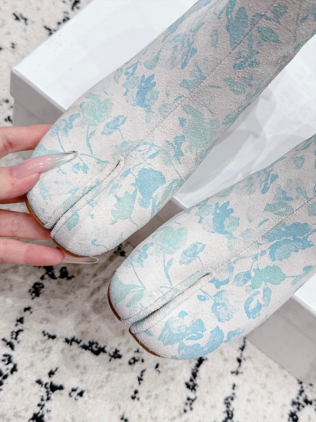 White & Light Blue Tabi Ankle Boots